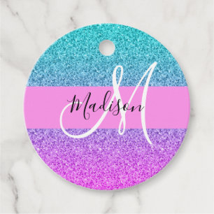 Glam Purple Aqua Glitter Sparkle Gradient Monogram Favor Tags