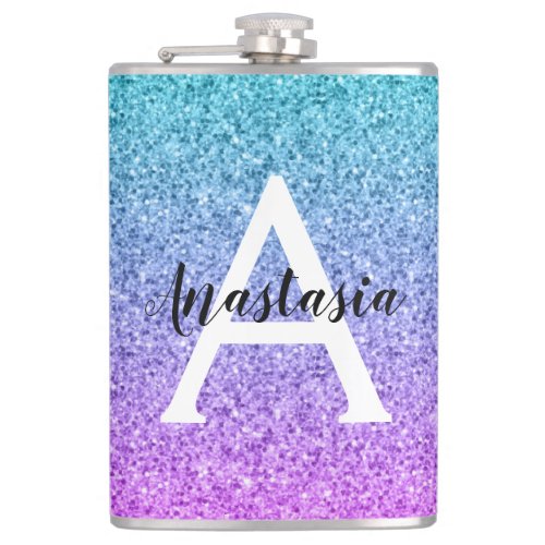 Glam Purple Aqua Glitter Sparkle Gradient Monogram Flask