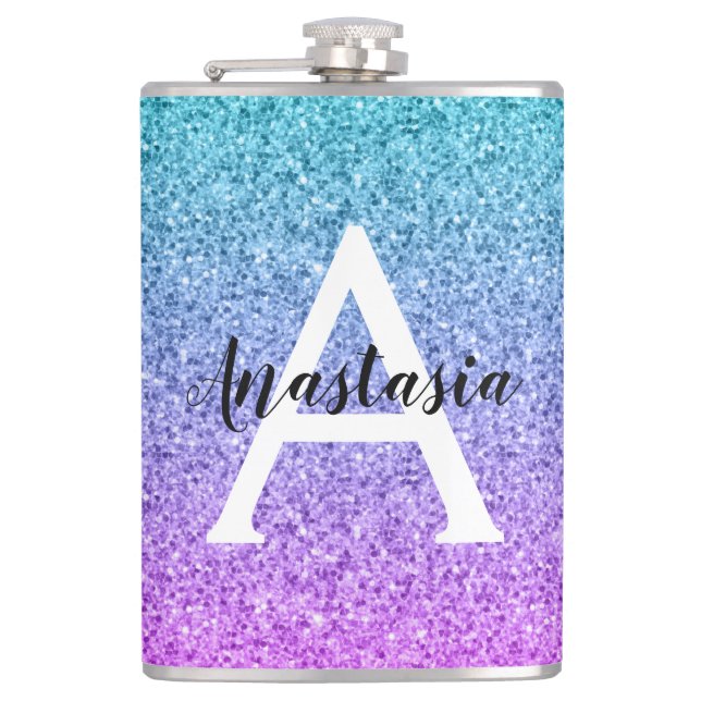Glam Purple Aqua Glitter Sparkle Gradient Monogram Flask (Front)