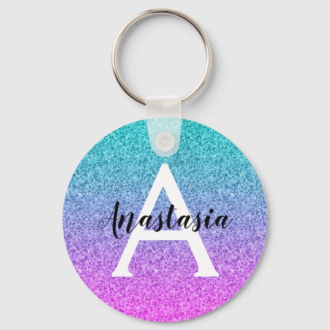 Glam Purple Aqua Glitter Sparkle Gradient Monogram Keychain (Front)
