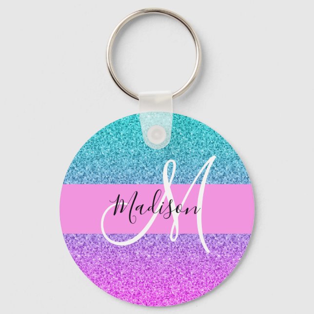 Glam Purple Aqua Glitter Sparkle Gradient Monogram Keychain (Front)