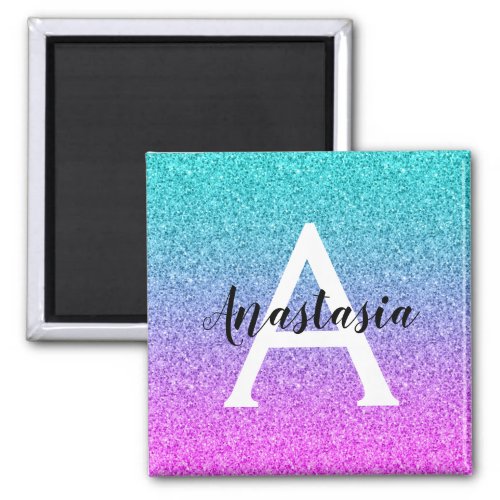 Glam Purple Aqua Glitter Sparkle Gradient Monogram Magnet