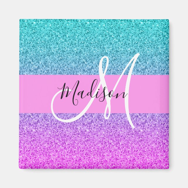 Glam Purple Aqua Glitter Sparkle Gradient Monogram Magnet (Front)