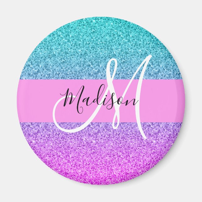 Glam Purple Aqua Glitter Sparkle Gradient Monogram Magnet (Front)