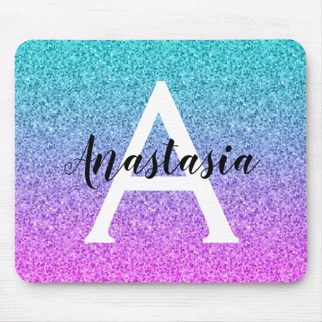 Glam Purple Aqua Glitter Sparkle Gradient Monogram Mouse Pad (Front)