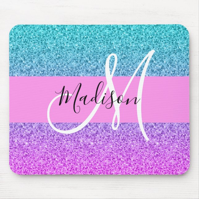Glam Purple Aqua Glitter Sparkle Gradient Monogram Mouse Pad (Front)