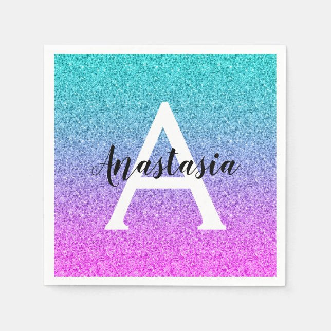 Glam Purple Aqua Glitter Sparkle Gradient Monogram Napkins (Front)