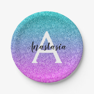 Glam Purple Aqua Glitter Sparkle Gradient Monogram Paper Plates