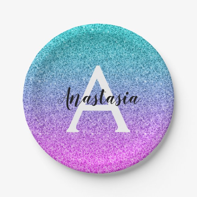 Glam Purple Aqua Glitter Sparkle Gradient Monogram Paper Plates (Front)