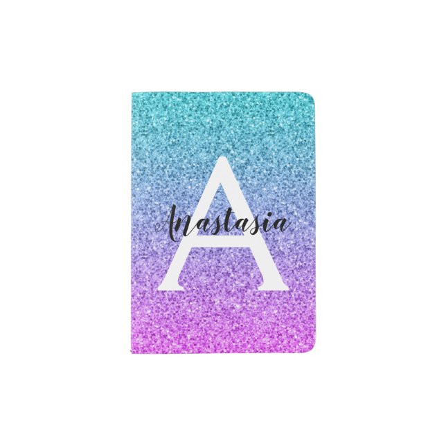 Glam Purple Aqua Glitter Sparkle Gradient Monogram Passport Holder (Front)