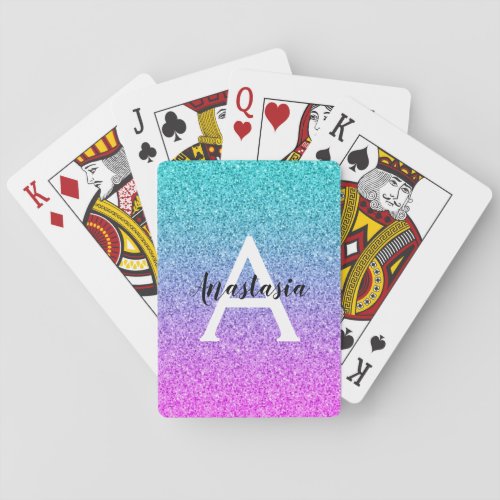 Glam Purple Aqua Glitter Sparkle Gradient Monogram Playing Cards