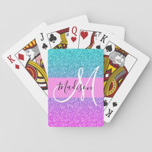 Glam Purple Aqua Glitter Sparkle Gradient Monogram Poker Cards