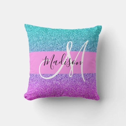 Glam Purple Aqua Glitter Sparkle Gradient Monogram Throw Pillow