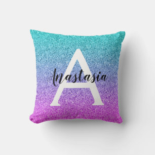 Glam Purple Aqua Glitter Sparkle Gradient Monogram Throw Pillow