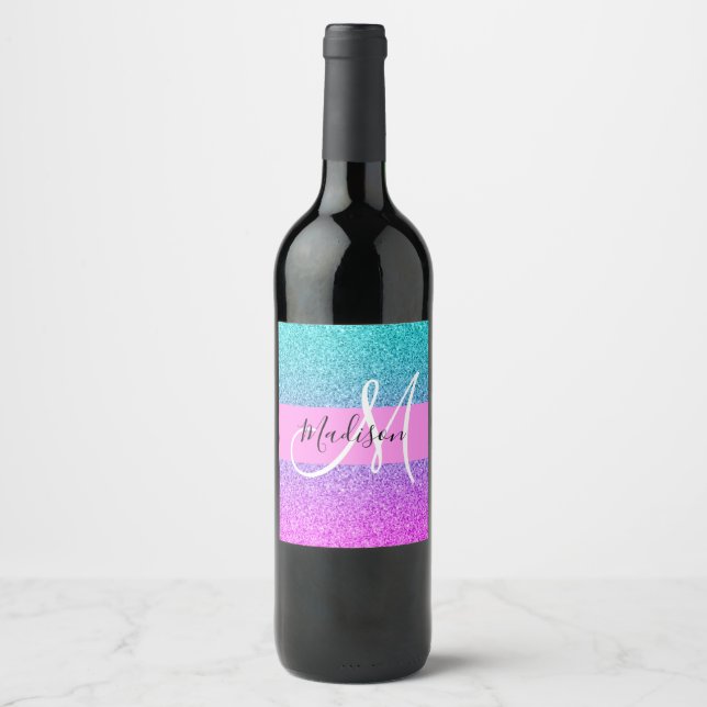 Glam Purple Aqua Glitter Sparkle Gradient Monogram Wine Label (Front)