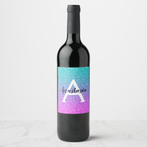 Glam Purple Aqua Glitter Sparkle Gradient Monogram Wine Label