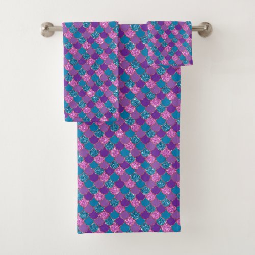 Glam Purple Blue Faux Glitter Plaid Pattern Bath Towel Set