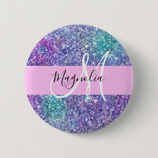 Glam Purple, Blue & Green Glitter Sparkle Monogram Button