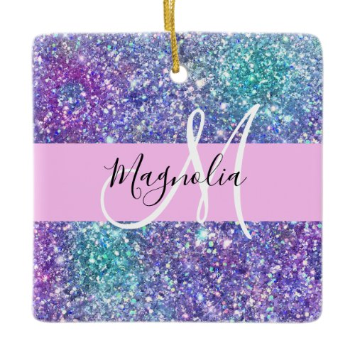 Glam Purple, Blue &amp; Green Glitter Sparkle Monogram Ceramic Ornament