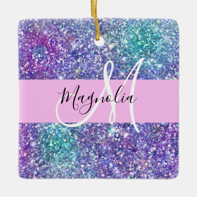 Glam Purple, Blue & Green Glitter Sparkle Monogram Ceramic Ornament (Front)