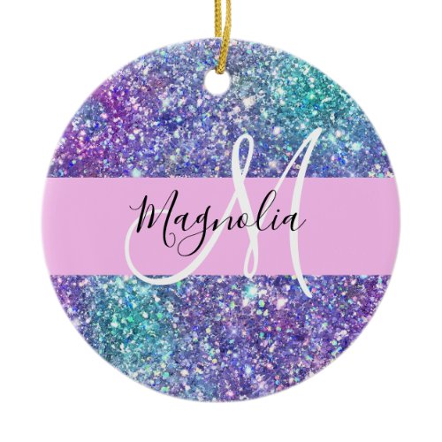 Glam Purple, Blue &amp; Green Glitter Sparkle Monogram Ceramic Ornament