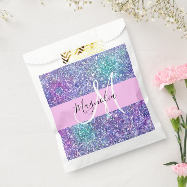 Glam Purple, Blue & Green Glitter Sparkle Monogram Favor Bag (Sealed)