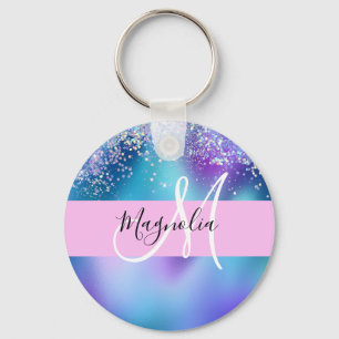 Glam Purple, Blue & Green Glitter Sparkle Monogram Keychain