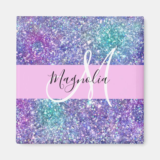 Glam Purple, Blue & Green Glitter Sparkle Monogram Magnet (Front)