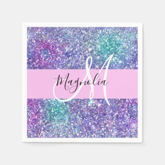Glam Purple, Blue & Green Glitter Sparkle Monogram Napkins (Front)
