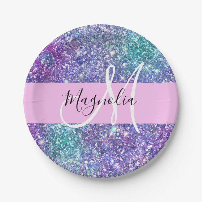 Glam Purple, Blue & Green Glitter Sparkle Monogram Paper Plates (Front)