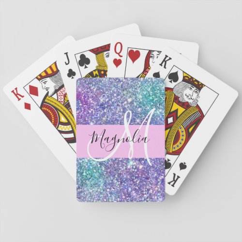 Glam Purple Blue  Green Glitter Sparkle Monogram Poker Cards