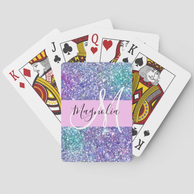 Glam Purple, Blue & Green Glitter Sparkle Monogram Poker Cards (Back)