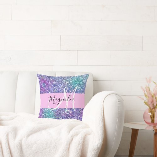 Glam Purple Blue  Green Glitter Sparkle Monogram Throw Pillow