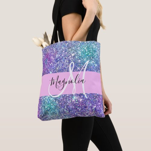 Glam Purple Blue  Green Glitter Sparkle Monogram Tote Bag