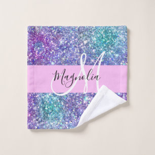 Glam Purple, Blue & Green Glitter Sparkle Monogram Wash Cloth