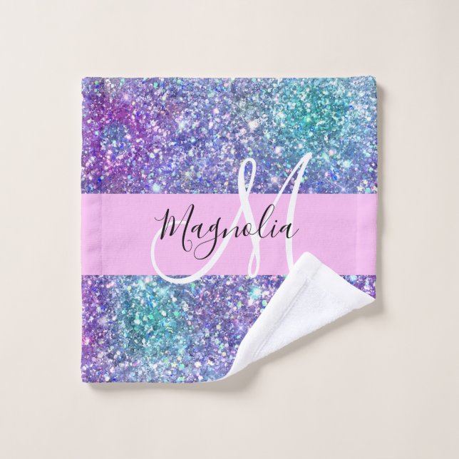 Glam Purple, Blue & Green Glitter Sparkle Monogram Wash Cloth (Wash Cloth)