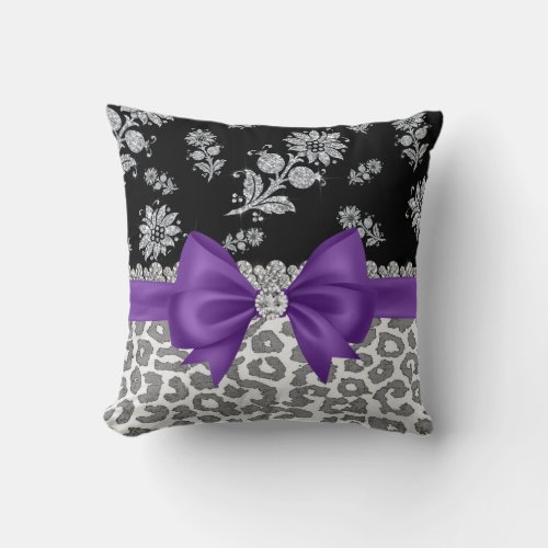 Glam Purple Bow_Grey Leopard_Silver Floral Sparkle Throw Pillow