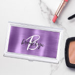 Glam Purple Brushed Metal Black White Monogram Business Card Case<br><div class="desc">This trendy modern business card case features a monogram and first name in black and white script on a stylish purple faux brushed metal background.</div>