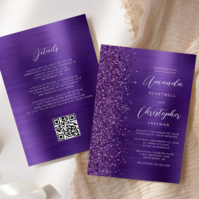 Glam Purple Brushed Metal QR Code Wedding Invitation (Creator Uploaded)