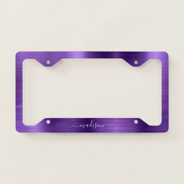 Glam Purple Brushed Metallic Foil Monogram Script License Plate Frame (Front)