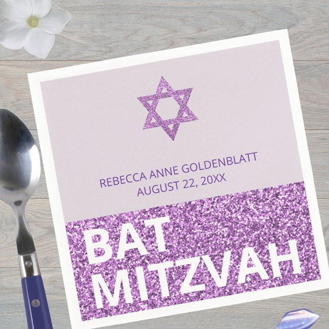Glam Purple Chic Elegant Religious Bat Mitzvah Napkins (Add to the purple theme with custom Bat Mitzvah paper napkins)