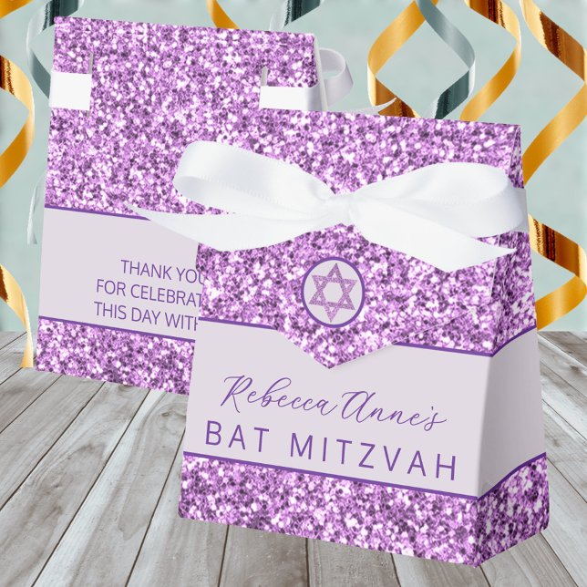 Glam Purple Chic Faux Glitter Bat Mitzvah Party Favor Boxes (These purple faux glitter favor boxes are an elegant touch for your Bat Mitzvah party)