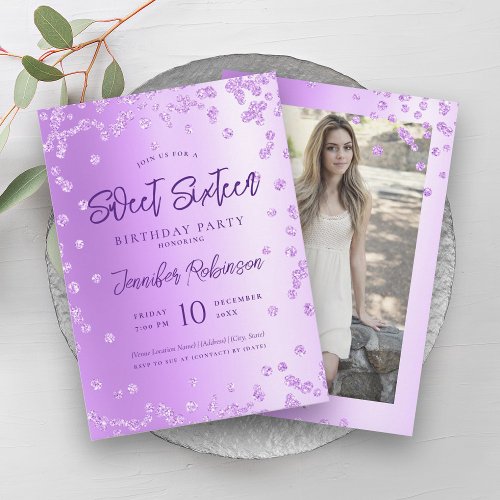 Glam Purple Chic Glitter Photo Sweet 16   Invitation