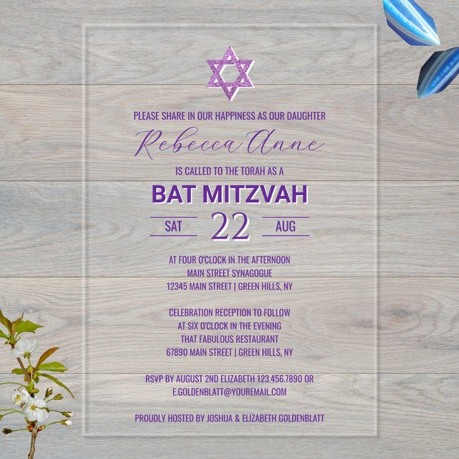 Glam Purple Chic Traditional Elegant Bat Mitzvah Acrylic Invitations (These modern acrylic invitations are an upscale choice for your Bat Mitzvah invites)