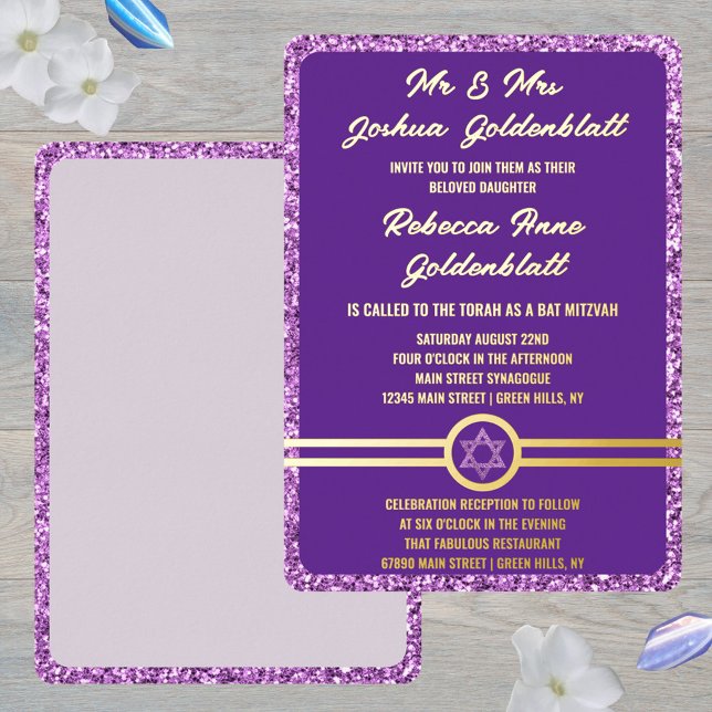 Glam Purple Classic Elegant Bat Mitzvah Gold Foil Invitation (This purple Bat Mitzvah invitation is easy to personalize)