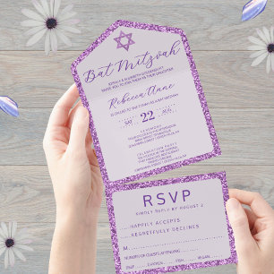 Glam Purple Classic Elegant Bat Mitzvah RSVP All In One Invitation