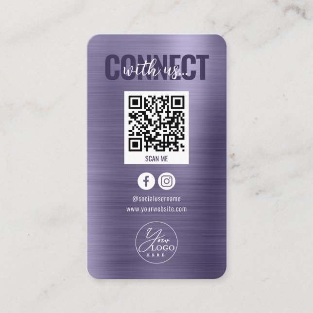 Glam Purple Connect With Us Social Media QR Code Business Card (Front)