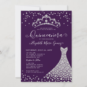 Glam Purple Diamond Sparkle Tiara Gown Quinceanera Invitation