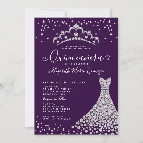Glam Purple Diamond Sparkle Tiara Gown Quinceanera Invitation