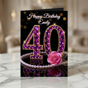 Glam Purple Diamonds Pearls Rose 40th Birthday Card